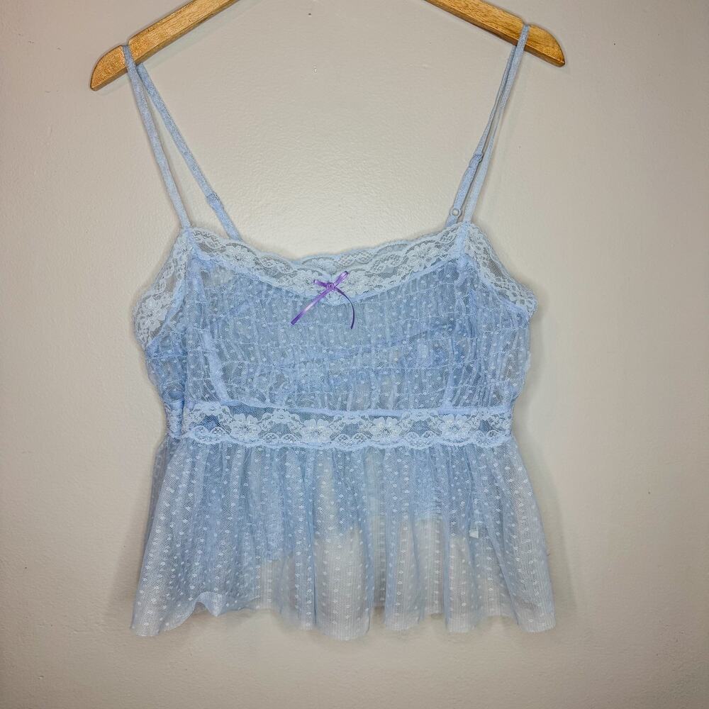 Free People Light Blue Sheer Swiss Dot Lace Trim Cami Top Size L Intimately FP